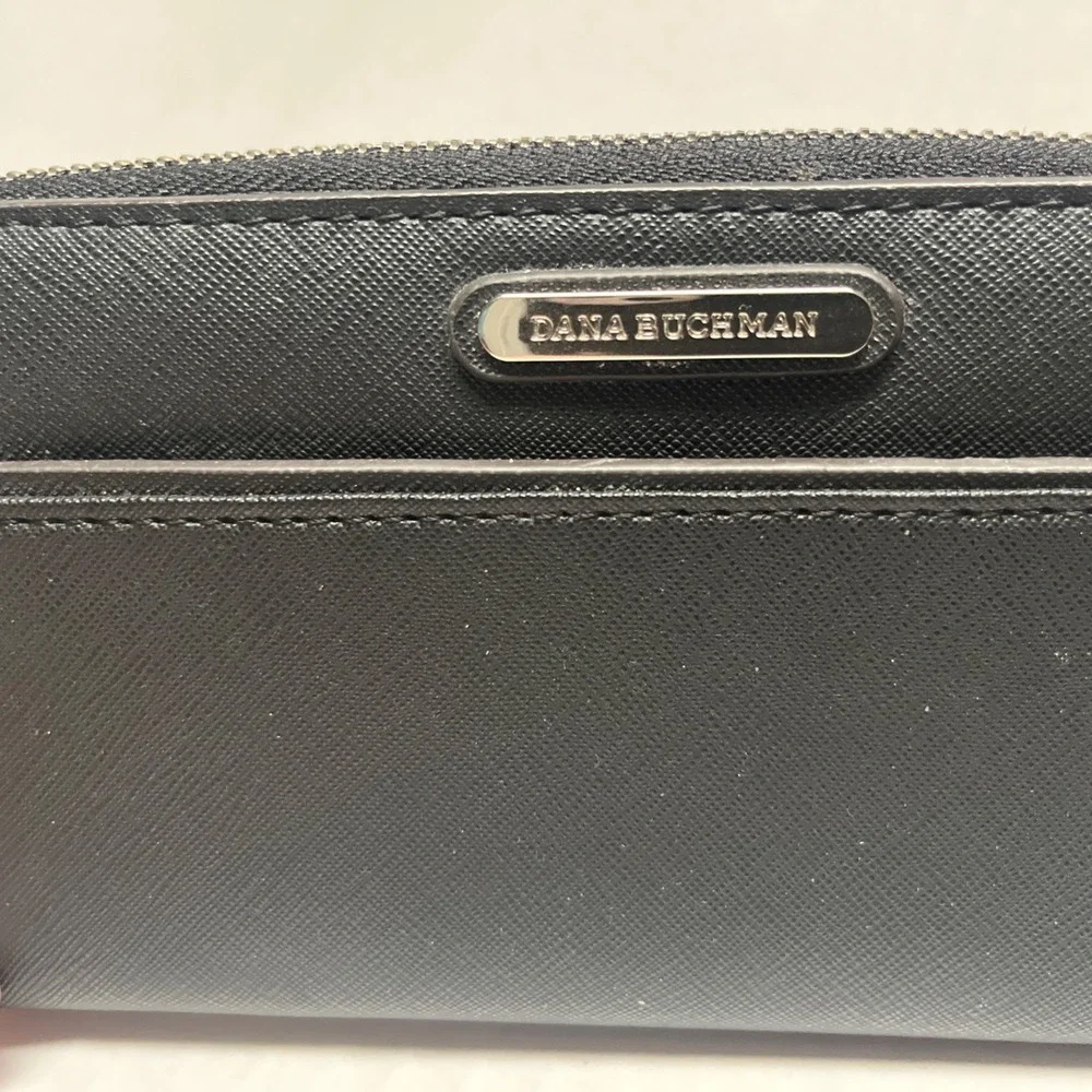 Dana Buchman Black Saffiano Zip Wallet Metallic Silver Interior Zebra Stripe